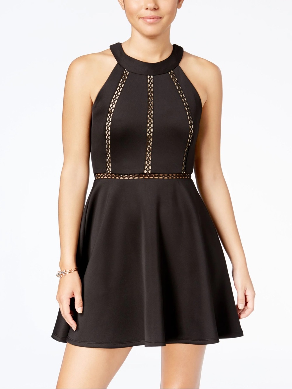 Crystal Doll Crochet Cutout Stripe Fit & Flare Mini Dress in Black & Nude Y2K